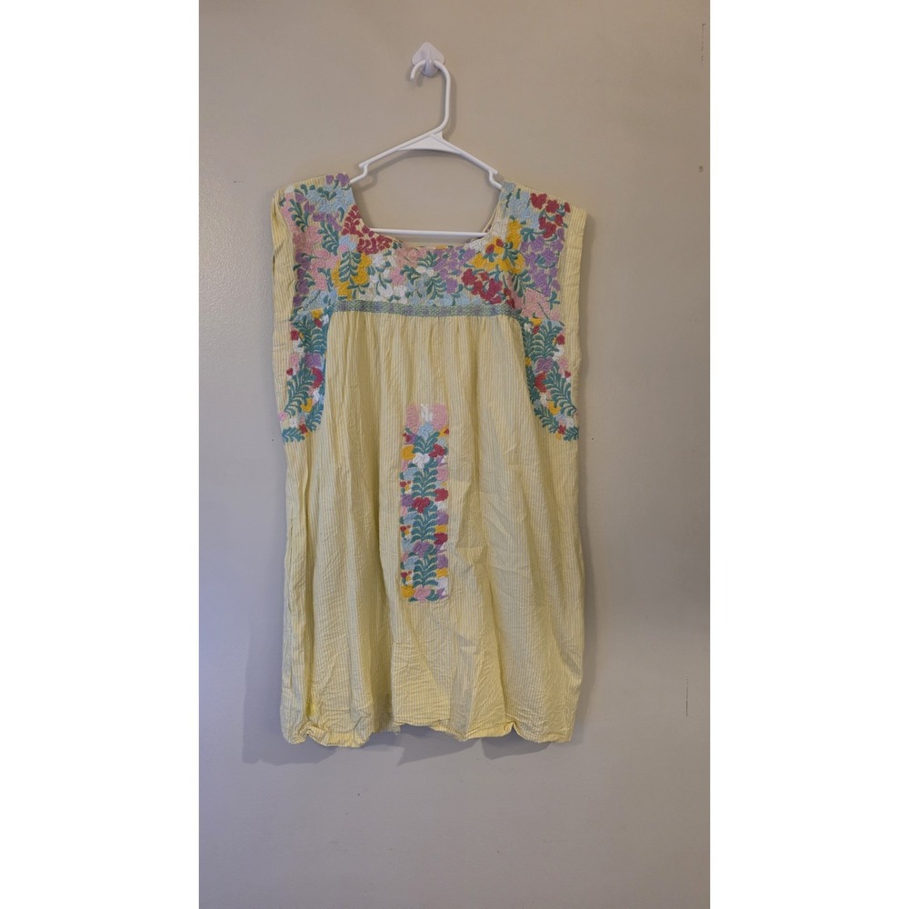 J. Marie Dress Womens Sz L Yellow Pinstripe Oaxaca Embroidered Floral Bohemian